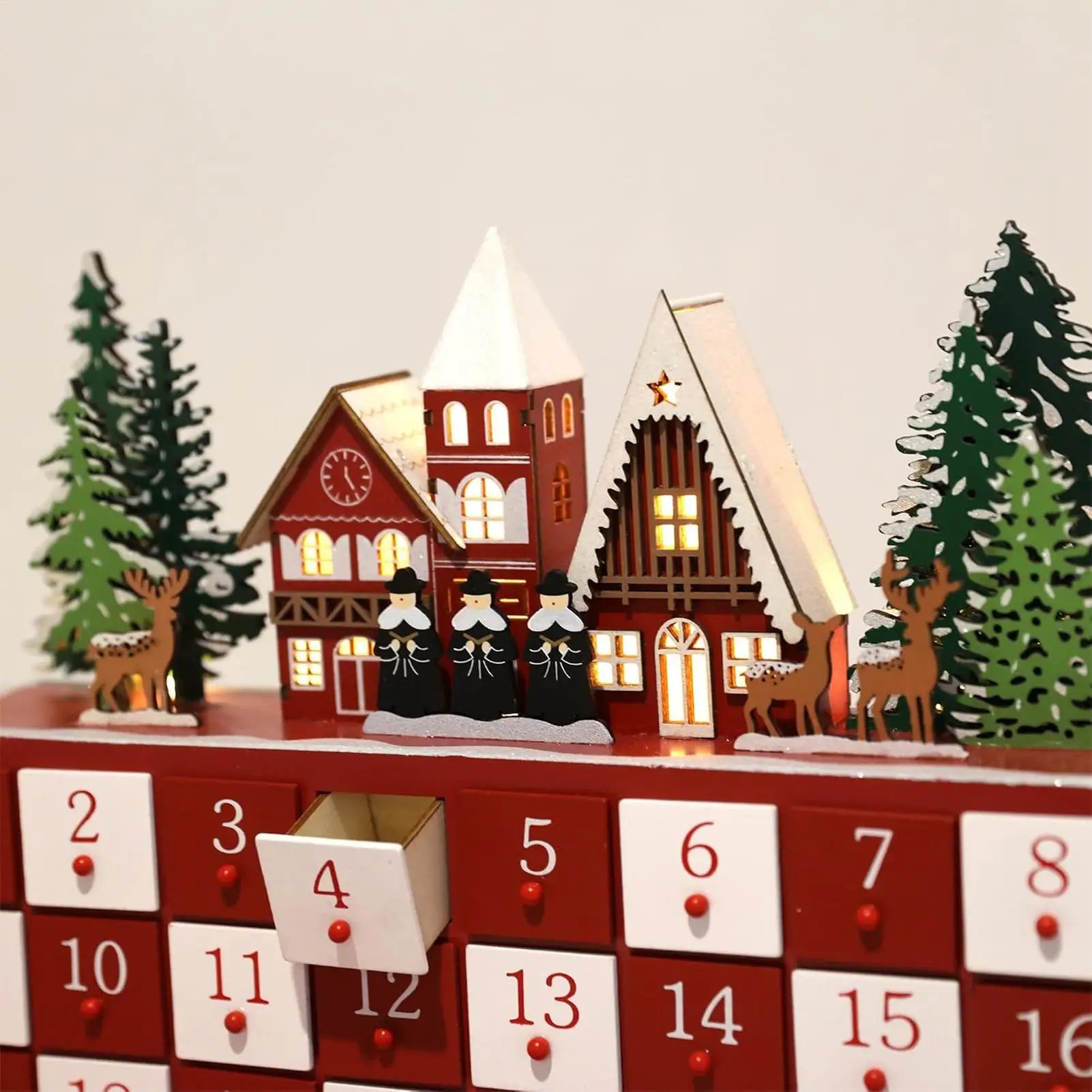 Christmas Countdown House Box Advent 24 Days Wooden Christmas Decor Drawer with LED Light Countdown Calendar for Indoor Holiday