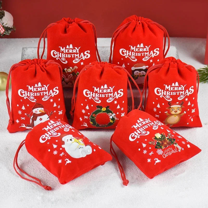 1/3/5Pcs Christmas Gift Bags 15x20cm Drawstring Pouch Santa Candy Bags Velvet Drawstring Bags for Christmas Eve Apple Gifts Bag