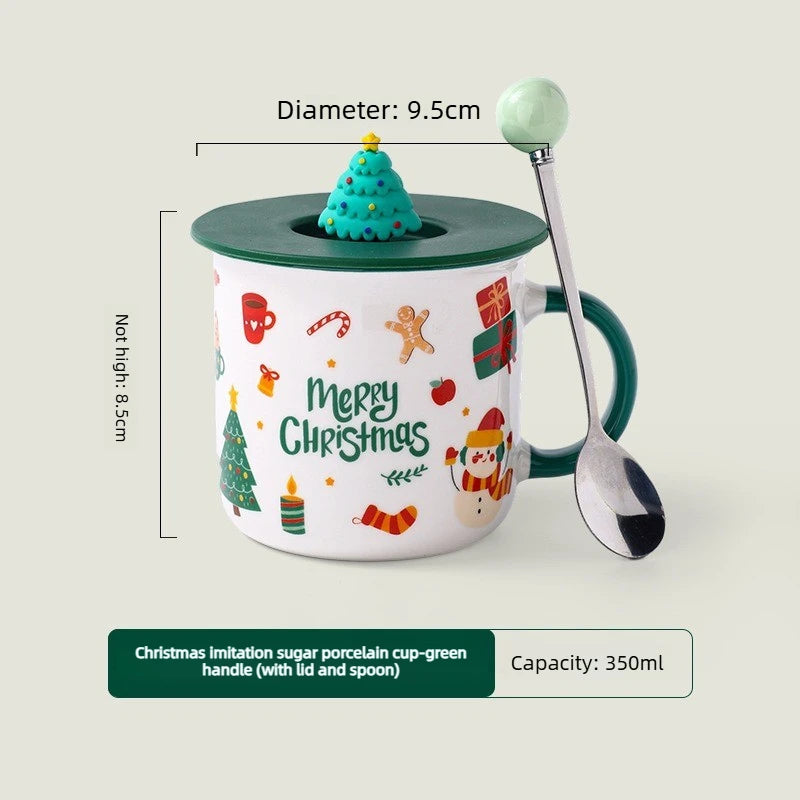 Christmas Ceramic Mug with Lid and Spoon Enamel Look Cartoon Water Cup Holiday Gift Cup for Wedding Party Favor