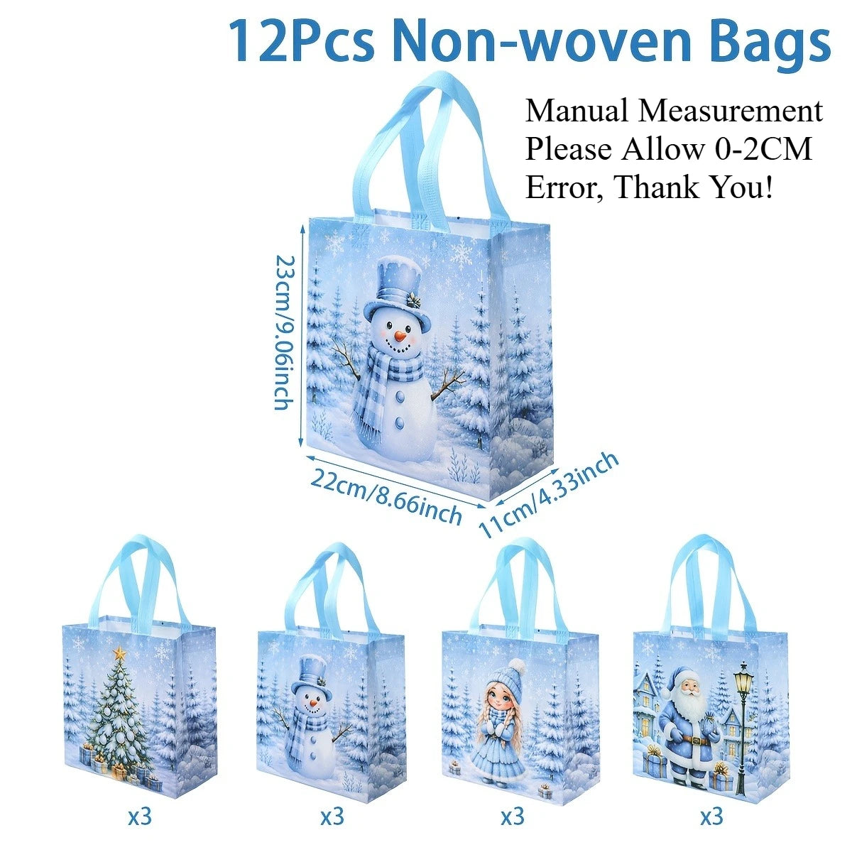 12 Pcs Blue Christmas Non Woven Tote Bags, Snowman, Snow Maiden, Christmas Tree Handbags, Reusable Xmas Gift Packaging Bags