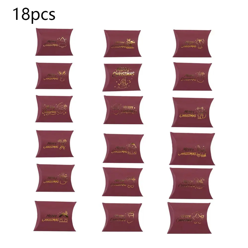 18pcs Christmas Red Pillow Gift Box Gold Foil Snowman Paper Candy Cookie Box Merry Xmas Party Favor Wrapping Supplies