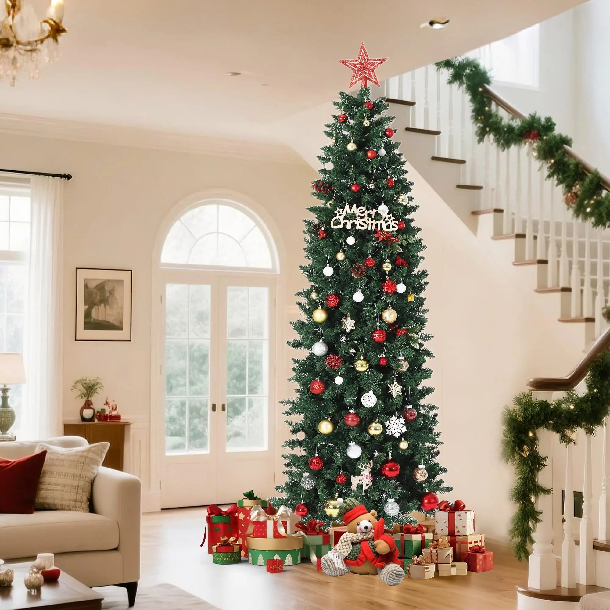 7.5ft Slim Profile Artificial Christmas Tree with Collapsible Metal Stand