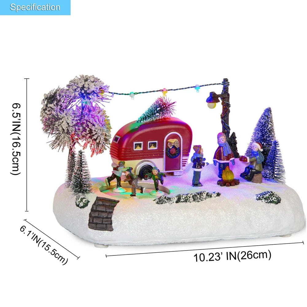 Animated Christmas Village Camper Collection Decor Light Musical Rotating Skating Figures Snowy Winter Tabletop Xmas Ornament