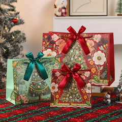 3pcs/pack Christmas Gift Bags Santa Vintage Xmas Tree Bow Ribbon Handle Paper Bags Holiday Present Packaging Storage Bag