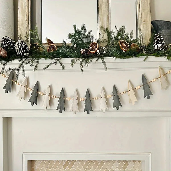Christmas Wooden Wreath with Trees and Beads for Winter Holiday Fireplace Decoration