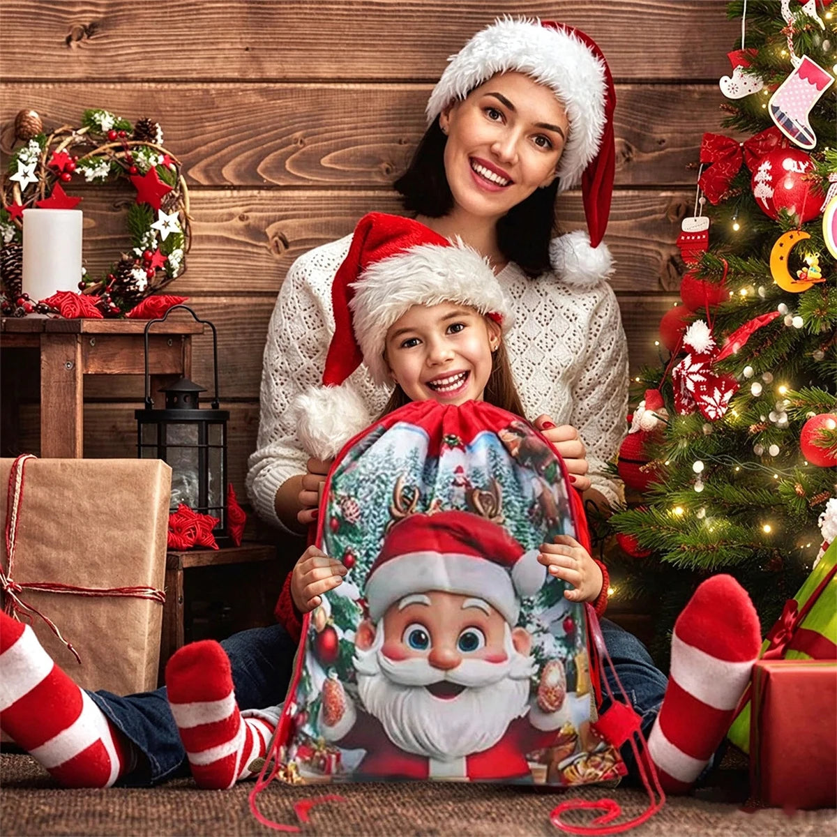 4-60pcs Christmas Drawstring Bags Non woven Sacks Xmas Wrapping Storage Bag for Christmas New Year Candy Goodie Gift Party Favor