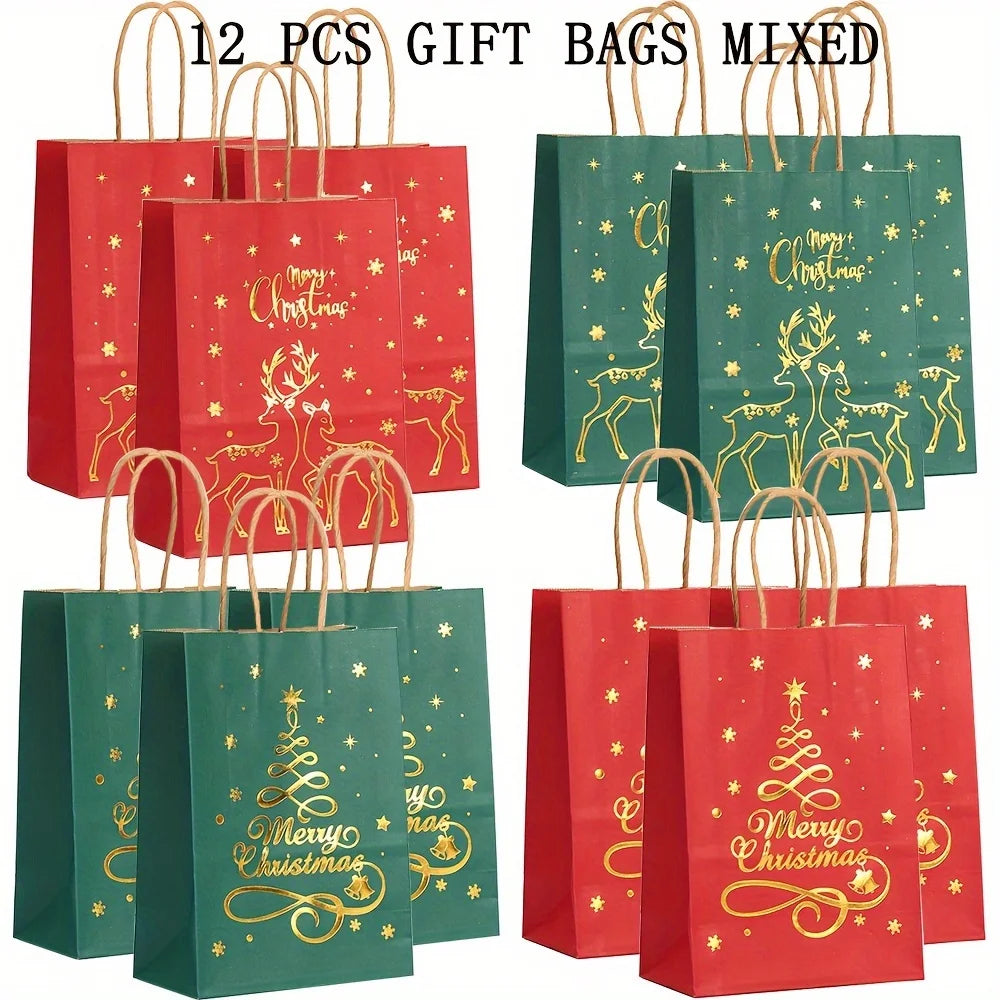 3/12 Pcs Christmas Gift Bag Set, Gold Tree Print Red Green Metallic Edge, Handled Holiday Gift Pouches