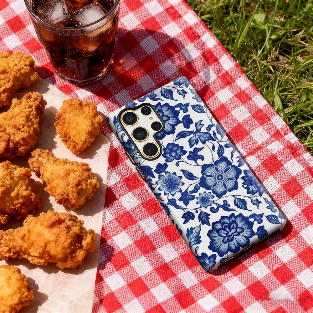 Blue Porcelain Elegance Phone Case for Samsung Galaxy S25 Ultra S24 S23 Ultra Plus Glossy Double-layer Back Cover