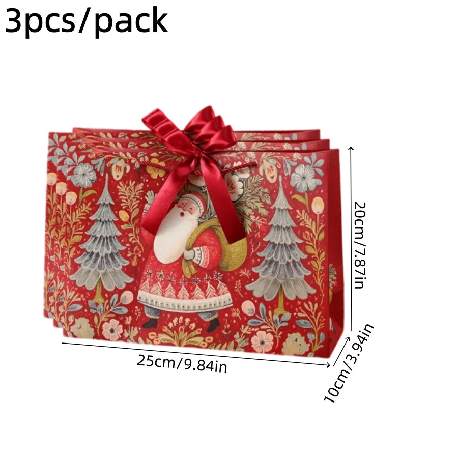 3pcs/pack Christmas Gift Bags Santa Vintage Xmas Tree Bow Ribbon Handle Paper Bags Holiday Present Packaging Storage Bag