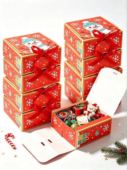 Christmas Snowman Gift Boxes, Paper Candy Cookie Boxes with Red Ribbon, Xmas Party Favor Treat Boxes