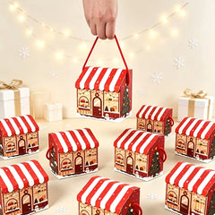 10pcs Christmas House-shaped Gift Boxes with Handles, Featuring Adorable Snowman Christmas Prints,Portable Paper Packaging Boxes