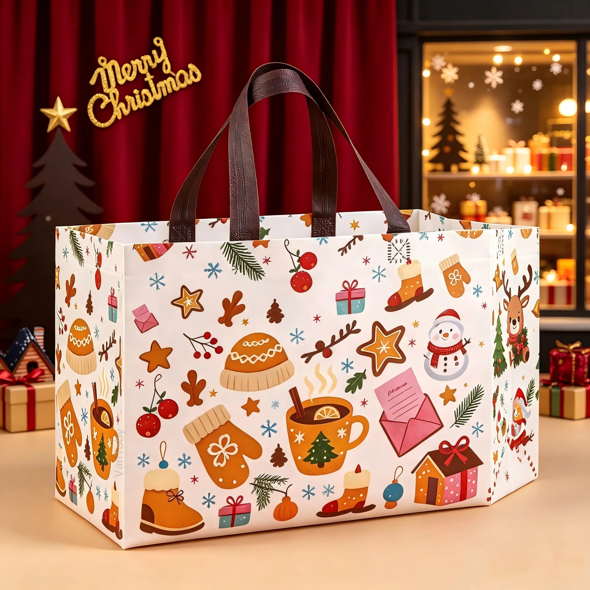 4/8pcs Christmas Handbags with Handles,Santa Reindeer Bell Pattern Reusable Gift Bags,Shopping Bags,Party Gift Bags