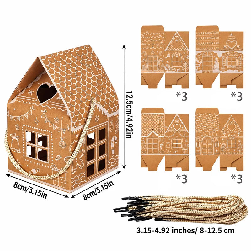 12/24pcs Christmas Gift Boxes with Handles Gingerbread House Kraft Candy Treat Boxes for Xmas Party Favor Gifts Christmas Decor