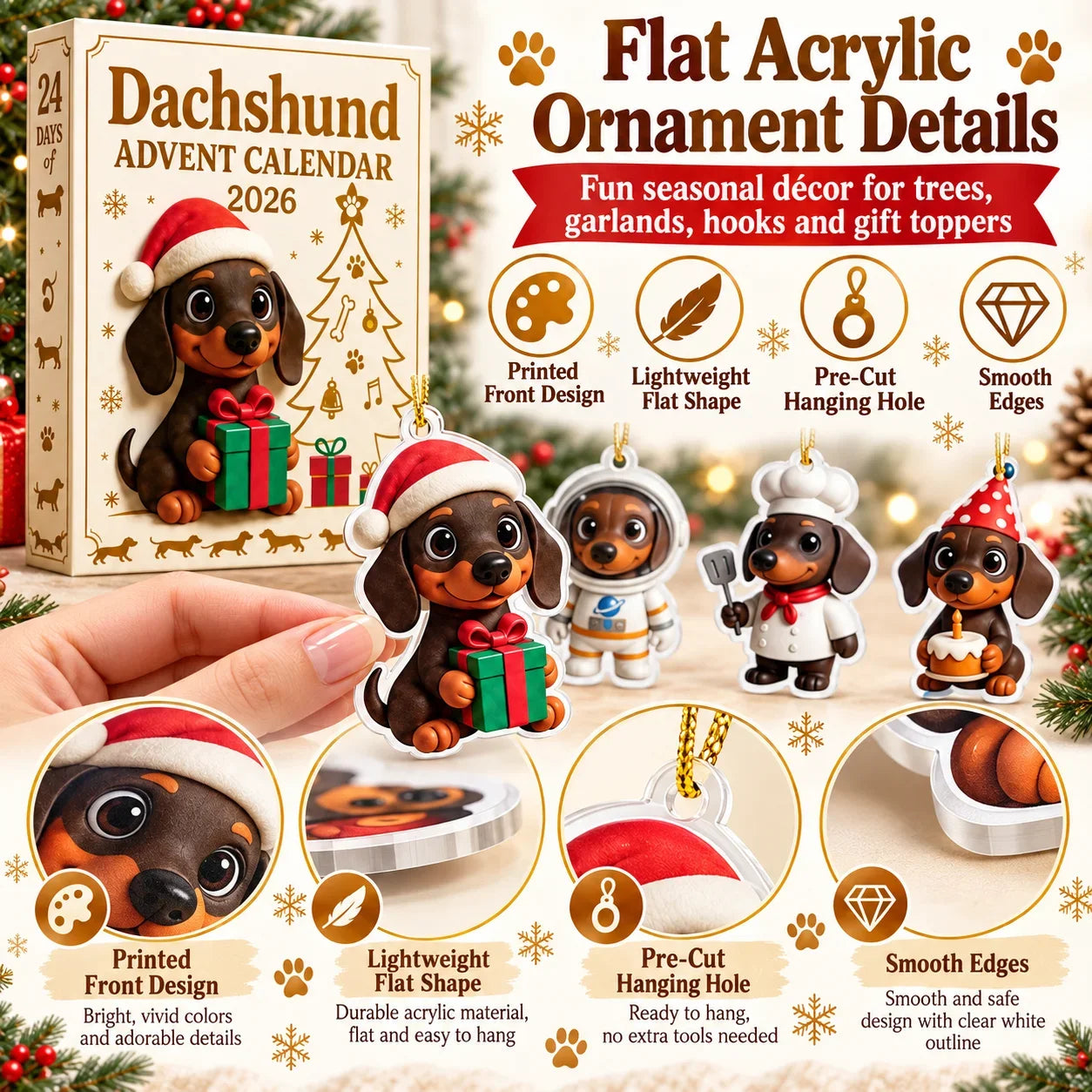 Christmas Dachshund Advent Calendar 24 Days Countdown Dog Ornaments Xmas Tree Decor Collectible Dog Lover Holiday Gift Set