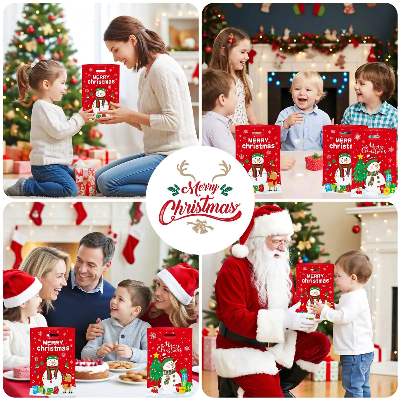 50PCS Merry Christmas Goodie Bags - Cute Snowman Plastic Treat Bags, Candy, Cookie, Snack Favor Tote Bags, Winter Xmas Holiday