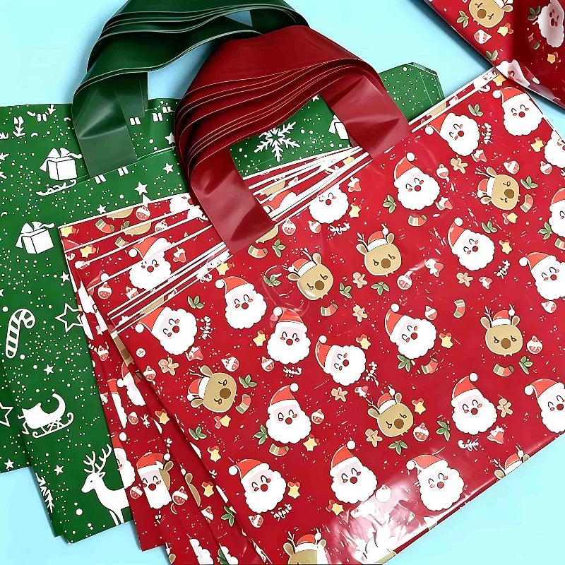10 Pcs Christmas Gift Bags Mixed Plastic Tote Bags Reusable Candy Packaging Bags For Xmas Party Holiday Decor Friend Gifts