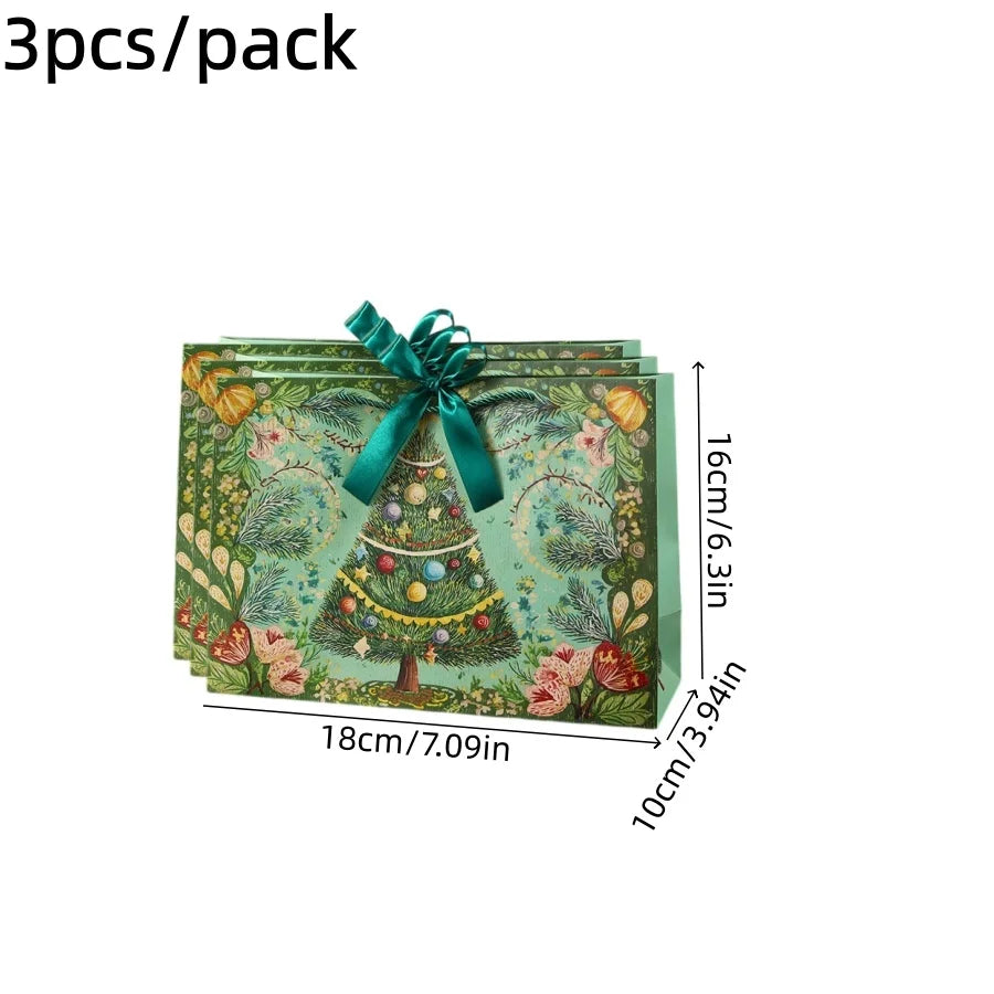 3pcs/pack Christmas Gift Bags Santa Vintage Xmas Tree Bow Ribbon Handle Paper Bags Holiday Present Packaging Storage Bag