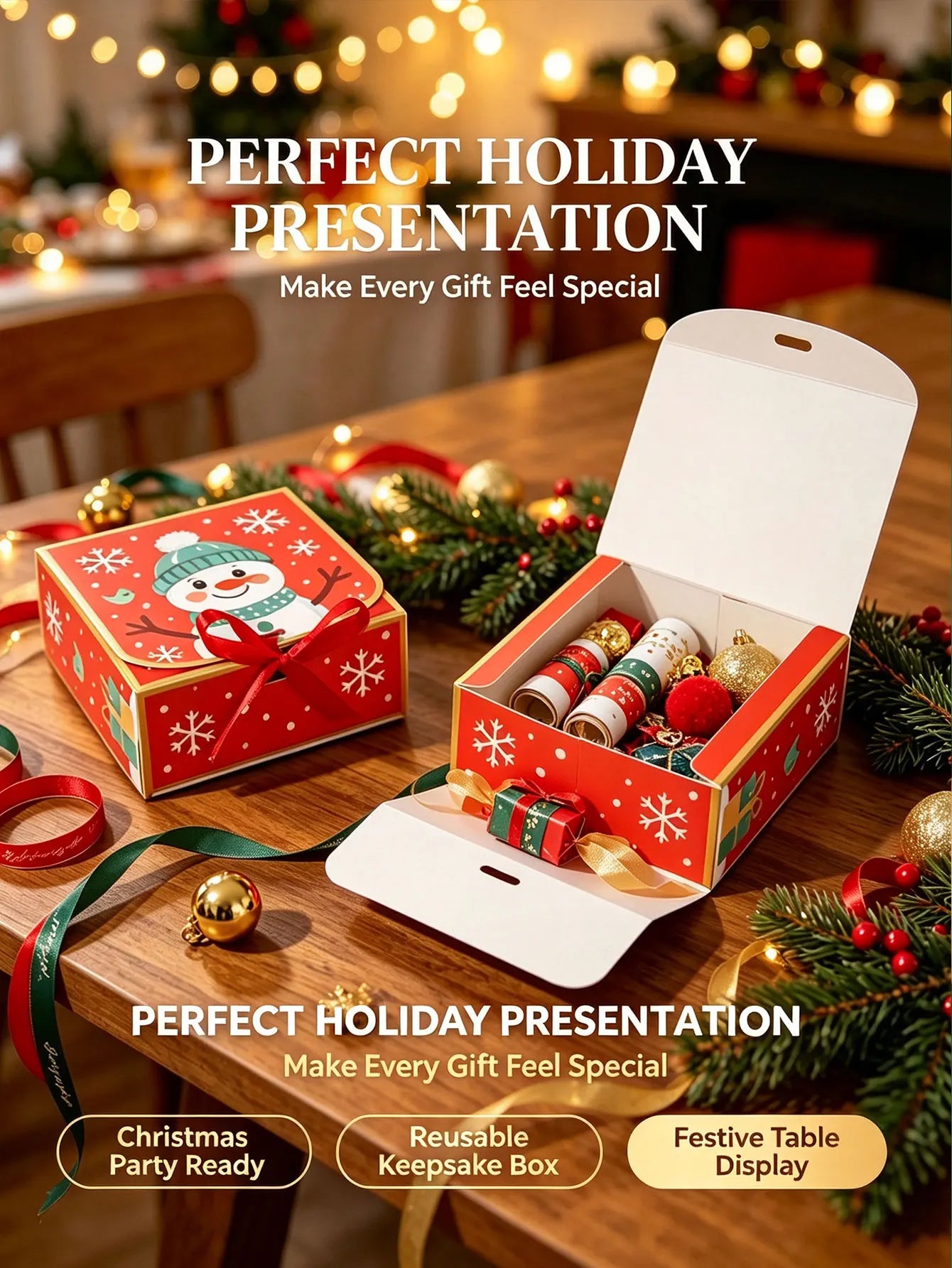 Christmas Snowman Gift Boxes, Paper Candy Cookie Boxes with Red Ribbon, Xmas Party Favor Treat Boxes