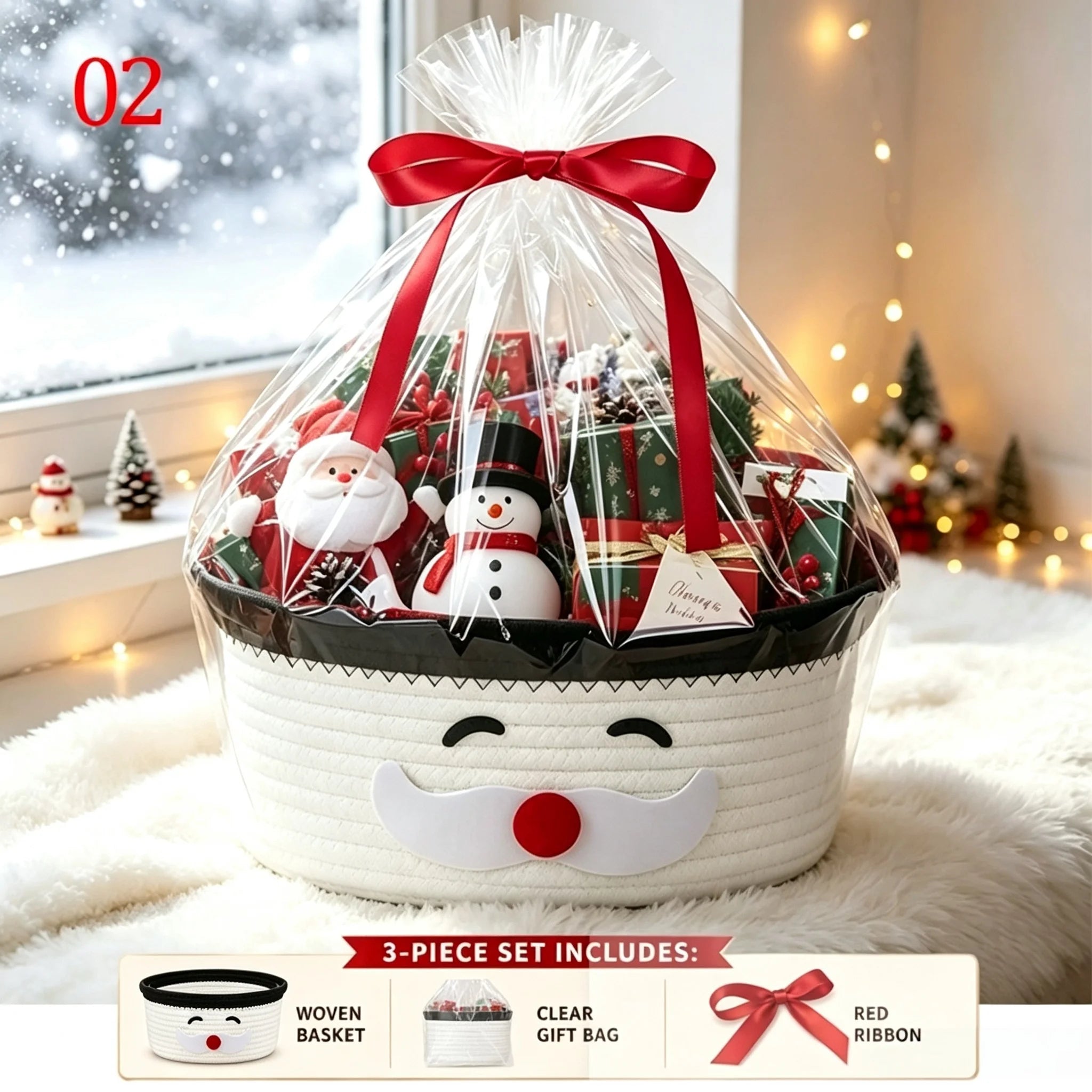 Christmas Woven Basket with Gift Bag, Ribbon Santa Emoticon Woven Storage Bin Empty Basket Holiday Decorative for Xmas Gifts