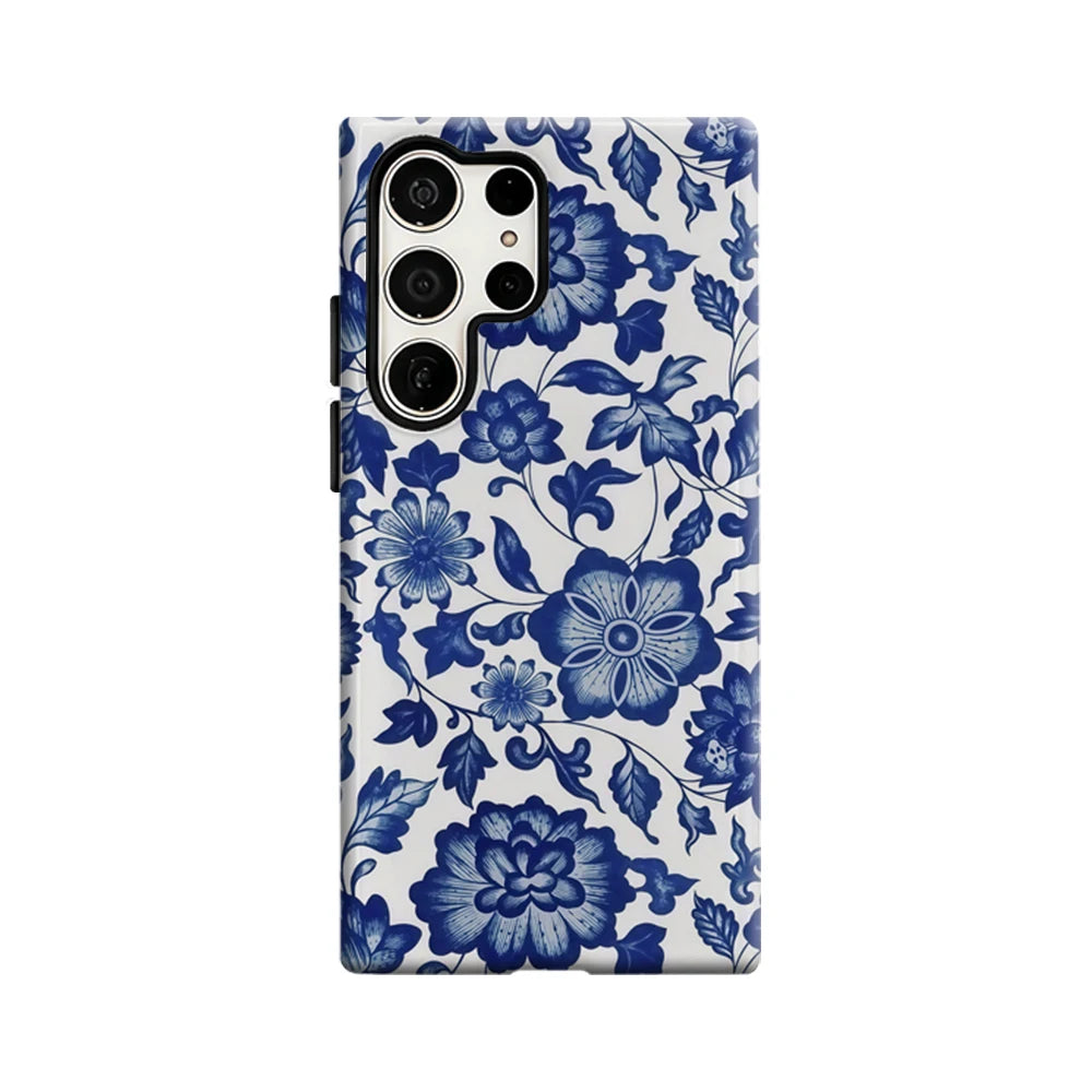 Blue Porcelain Elegance Phone Case for Samsung Galaxy S25 Ultra S24 S23 Ultra Plus Glossy Double-layer Back Cover