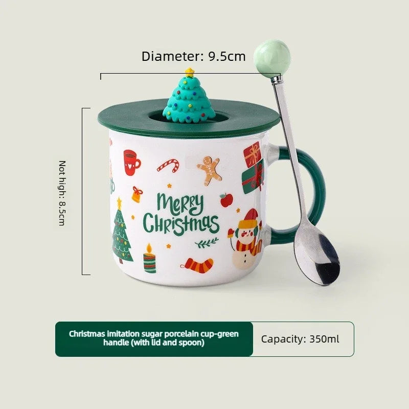 Christmas Ceramic Mug with Lid and Spoon Enamel Look Cartoon Water Cup Holiday Gift Cup for Wedding Party Favor