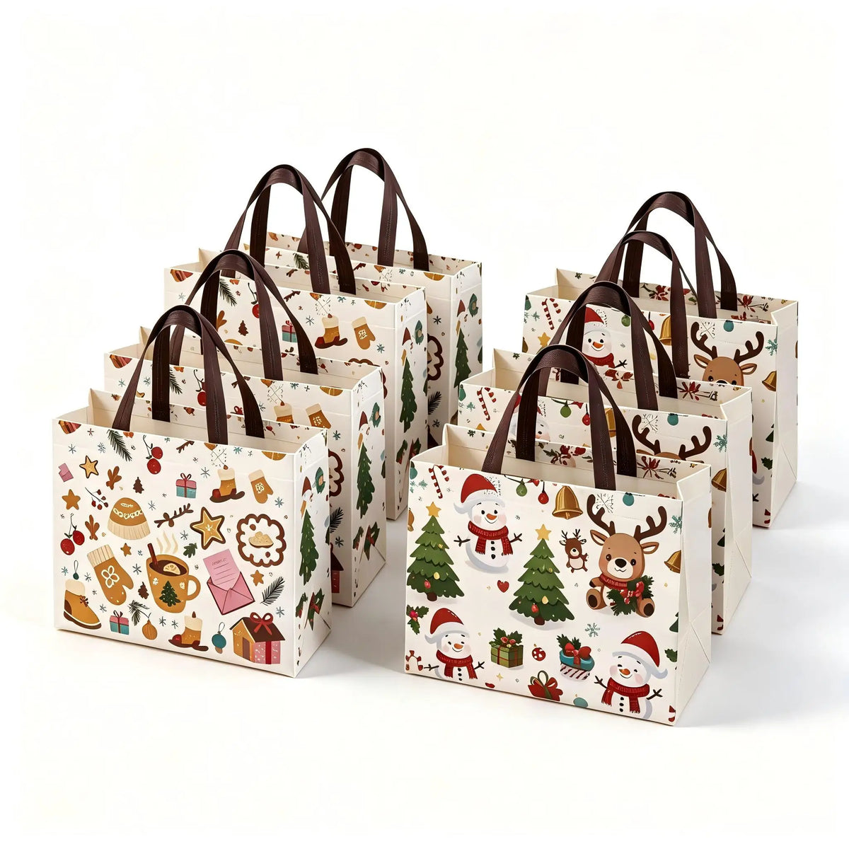4/8pcs Christmas Handbags with Handles,Santa Reindeer Bell Pattern Reusable Gift Bags,Shopping Bags,Party Gift Bags