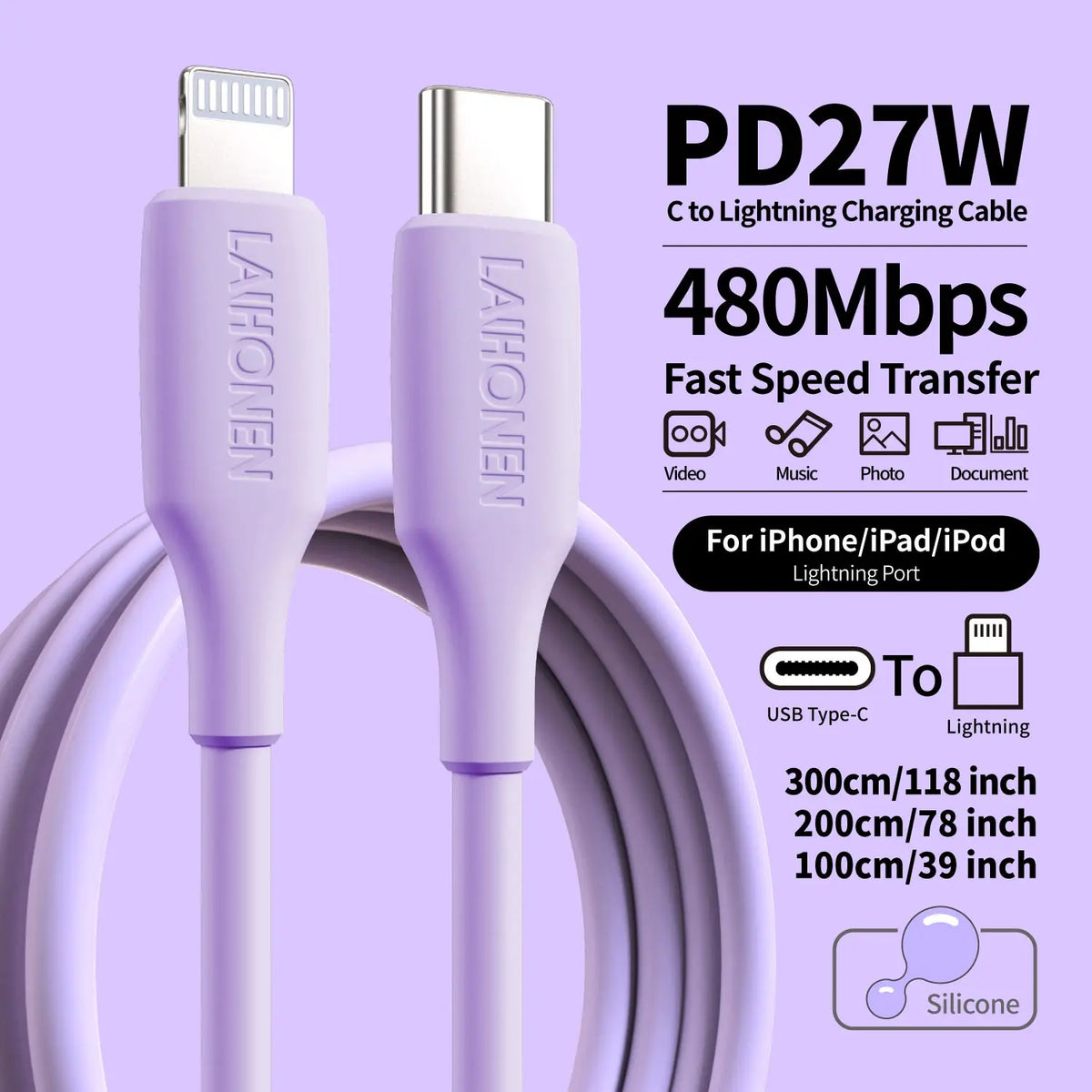 27W PD Fast Charging Cable USB-C to Lightning Silicone Data Cable in Macaron Pink, Soft Flexible for iPhone 14 13 12 11 Pro Max