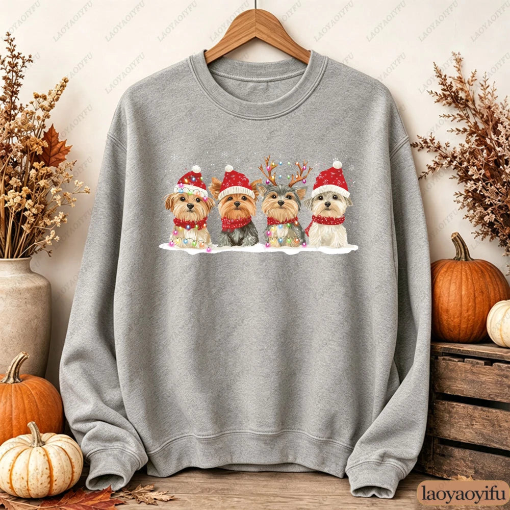 Cute Christmas Dogs Women Sweatshirt Santa Hat Graphic Pullover Autumn Winter Loose Crewneck Jumper Casual Trend Outfits