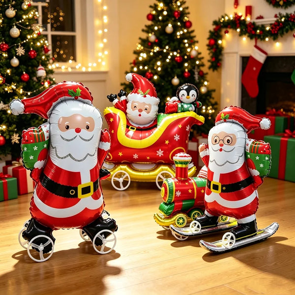 Christmas Walking Aluminum Foil Balloon Santa Claus Pull Along Wheel Balloon Kids Gift Birthday Xmas Party Home Decor Balloons