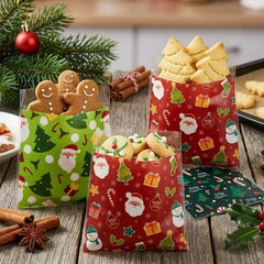 300/100PCS Christmas Cookies Bags Clear Opp Gift Packaging Bag Candy Snack Gift Bags Santa Flower Wreath Printed Pattern Decor