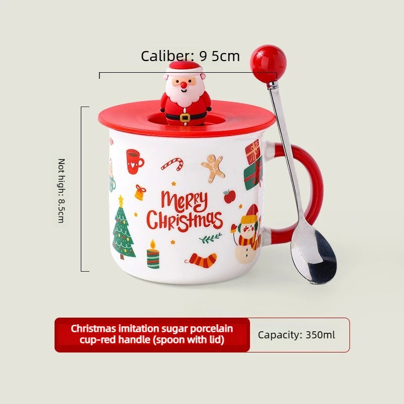 Christmas Ceramic Mug with Lid and Spoon Enamel Look Cartoon Water Cup Holiday Gift Cup for Wedding Party Favor