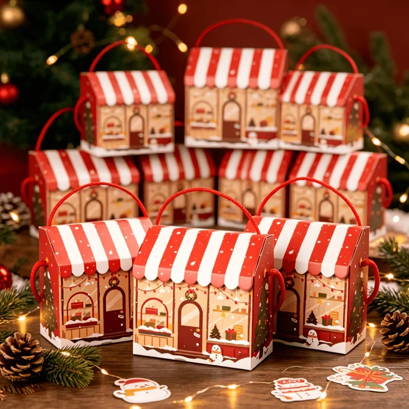 10pcs Christmas House-shaped Gift Boxes with Handles, Featuring Adorable Snowman Christmas Prints,Portable Paper Packaging Boxes