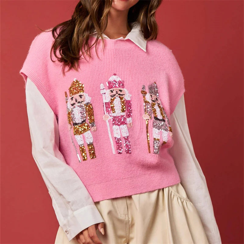 Ugly Christmas Vests for Women Sequin Nutcracker Santa Sweaters Shirt Holiday Sparkly Graphic Crewneck Pullover Top Black