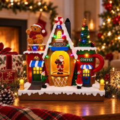 Christmas Village House Animated Rotating Santa Christmas Tree LED Light Music Bakery Coffee Shop Figurine Table Holiday Decor