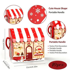 10pcs Christmas House-shaped Gift Boxes with Handles, Featuring Adorable Snowman Christmas Prints,Portable Paper Packaging Boxes
