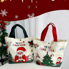 Reusable Christmas Gift Bags Candy Bags Tote Bags with Santa Deer Christmas Tree Design Canvas Handles Grocery Shopping Bags