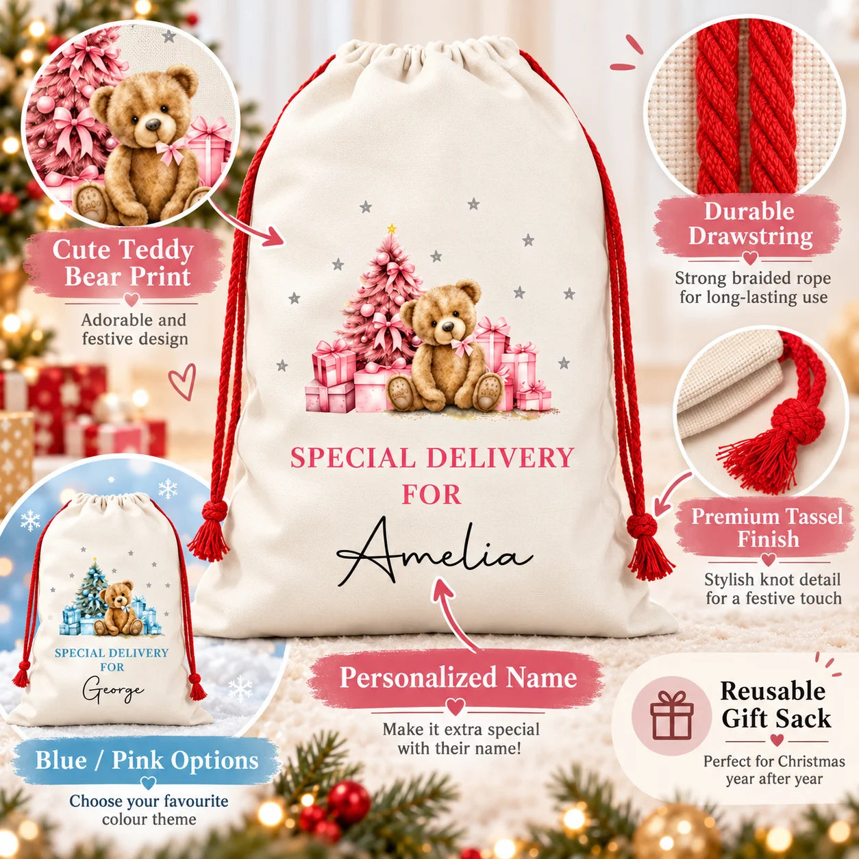 Personalised Santa Sack with Custom Name, Large Christmas Gift Bag for Kids, Xmas Present Storage Sack for Christmas Eve
