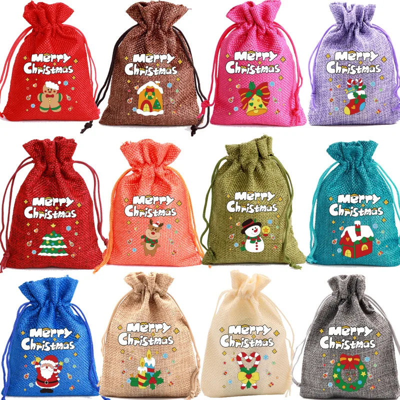 10pcs Christmas Linen Drawstring Bag Christmas Pattern Candy Gift Christmas Small Gift Hand Jewelry Bracelet Apple Bag