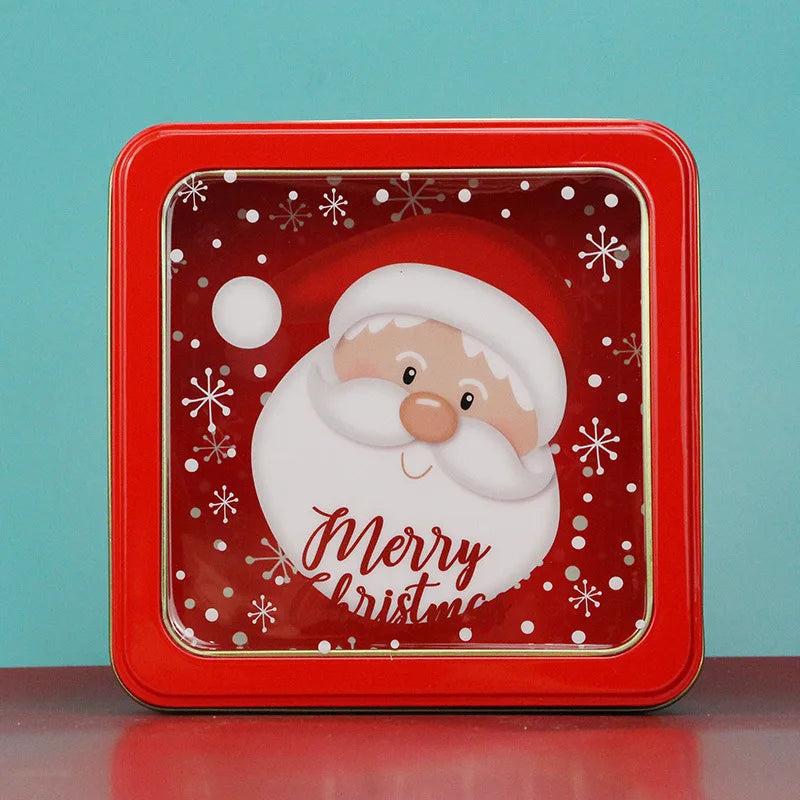 Square Christmas Tin Box Santa Claus Snowman Pattern Tin Box With Lid Cookie Box Mousse Cake Packaging Tin Box Home Storage Box