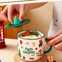 Christmas Ceramic Mug with Lid and Spoon Enamel Look Cartoon Water Cup Holiday Gift Cup for Wedding Party Favor