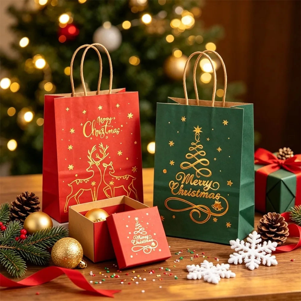 3/12 Pcs Christmas Gift Bag Set, Gold Tree Print Red Green Metallic Edge, Handled Holiday Gift Pouches