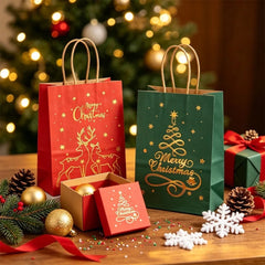 3/12 Pcs Christmas Gift Bag Set, Gold Tree Print Red Green Metallic Edge, Handled Holiday Gift Pouches