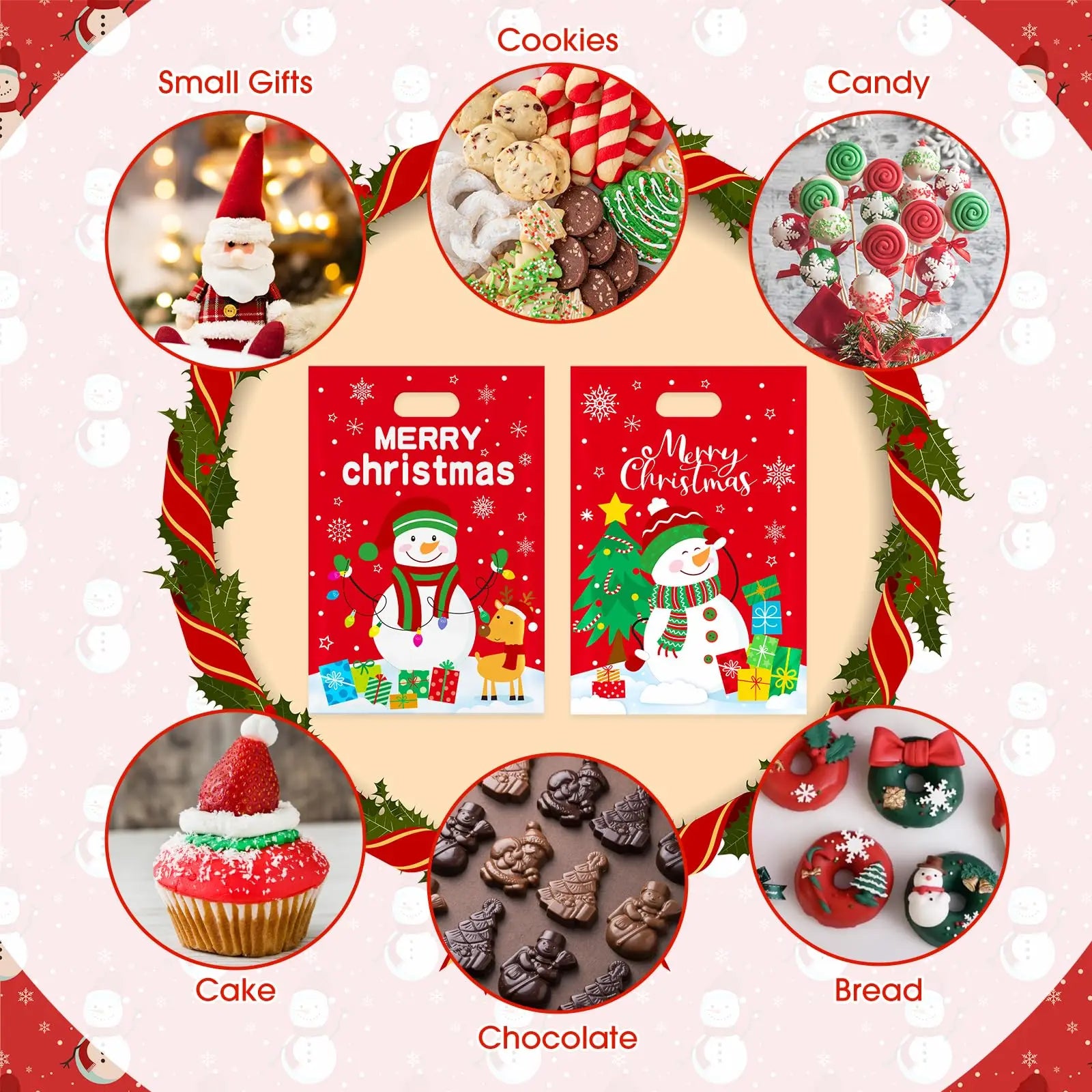 50PCS Merry Christmas Goodie Bags - Cute Snowman Plastic Treat Bags, Candy, Cookie, Snack Favor Tote Bags, Winter Xmas Holiday