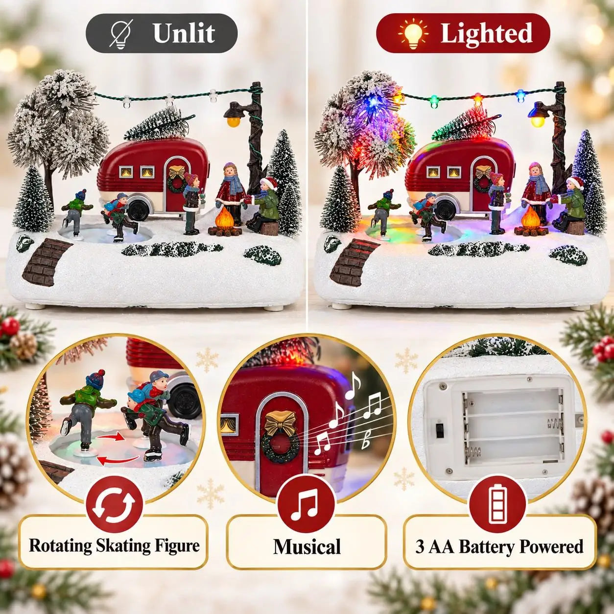 Animated Christmas Village Camper Collection Decor Light Musical Rotating Skating Figures Snowy Winter Tabletop Xmas Ornament