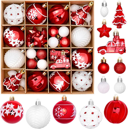 42 Pcs Red White Christmas Balls Ornaments Various Styles of Shatterproof Christmas Hanging Ball Ornaments Xmas Tree Decorations