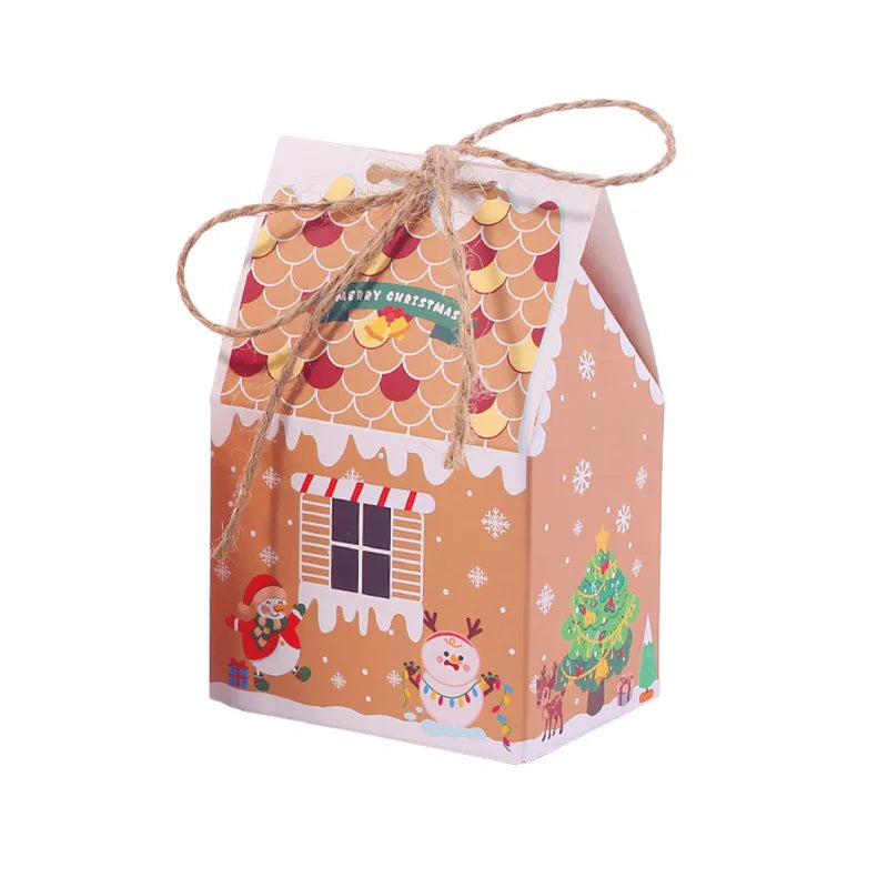 25/50Pcs Christmas House Candy Boxes Kraft Paper Gingerbread Biscuit Favor Gift Packaging Box With Rope Christmas Party Supplies