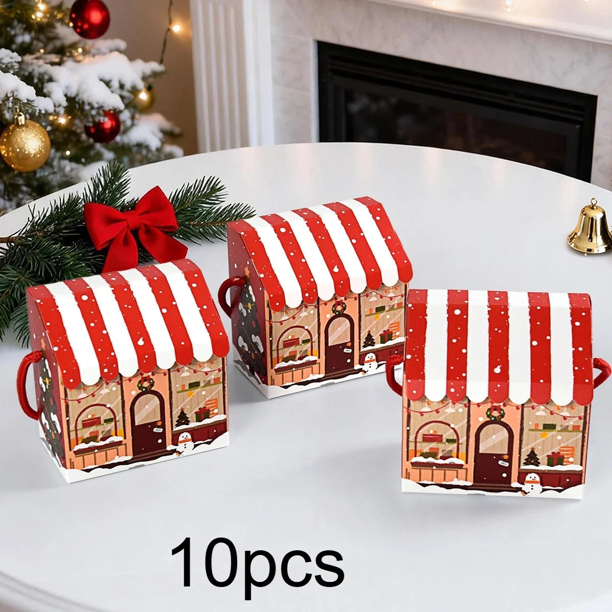 10pcs Christmas House-shaped Gift Boxes with Handles, Featuring Adorable Snowman Christmas Prints,Portable Paper Packaging Boxes