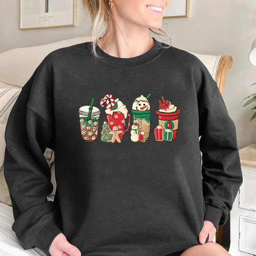 Christmas Coffee Sweatshirt Cute Fall Hoodie Christmas Shirt Unisex Long Sleeve Sweatshirt Snowman Latte Coffee Lover Pullovers