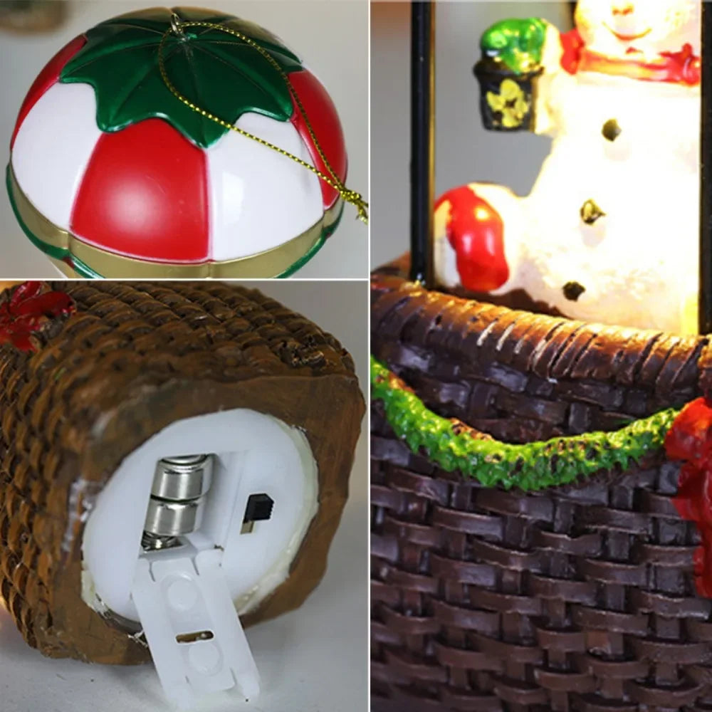 Christmas LED Glowing Ornaments, Snowman Santa Hot Air Balloon with Lights, Resin Miniature Landscape Cabin Xmas Tree Decoration