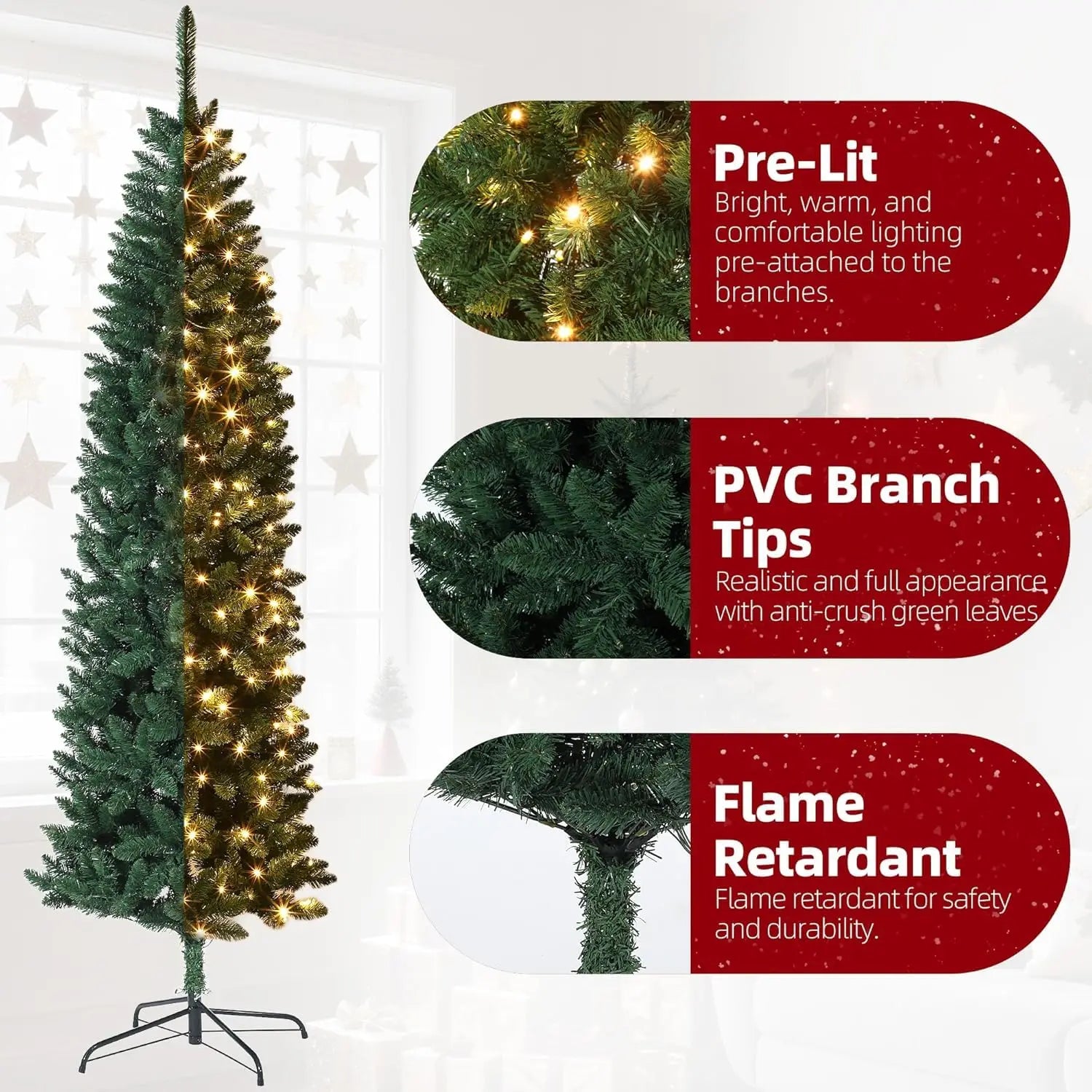 7.5ft Slim Profile Artificial Christmas Tree with Collapsible Metal Stand